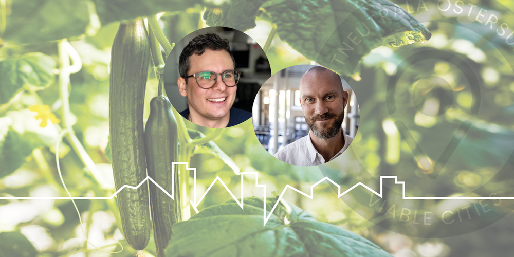 Två personer i cirklar framför en bakgrund av gurkplantor och blad, med en vit linje som liknar en stadssilhuett.