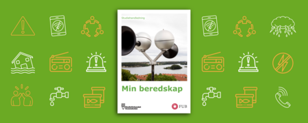 Framsidan av studiematerialet Min beredskap ligger i mitten, runt är illustrationer med olika saker kopplade till beredskap och kriser, exempelvis vattenbrist, elavbrott med mera. Även positiva ikoner som två illustrerade personer som gör highfive, och andra som håller hand i ring. 