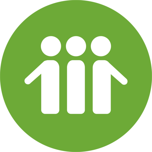 Tre stiliserade figurer står bredvid varandra på en grön cirkelbakgrund.