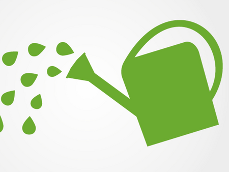 En grön vattenkanna som vattnar med droppar på vit bakgrund.