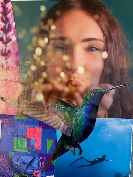 Ett collage med en kvinna som blåser glitter, en kolibri, undervattenssimning och färgglada mönster.