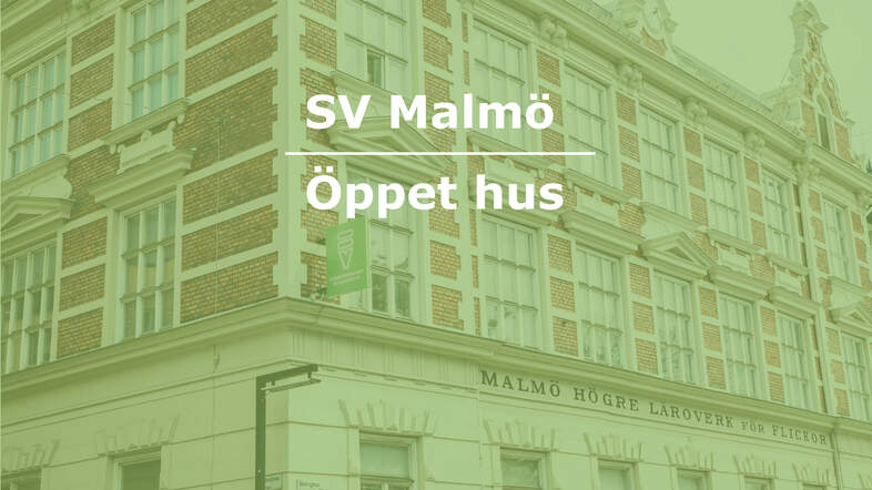Fasad av en äldre byggnad i Malmö med texten 'SV Malmö Öppet hus' överlagrad.