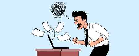 Illustration av en arg kontorsarbetare som står vid ett skrivbord och skriker på en laptop, papper flyger i luften.