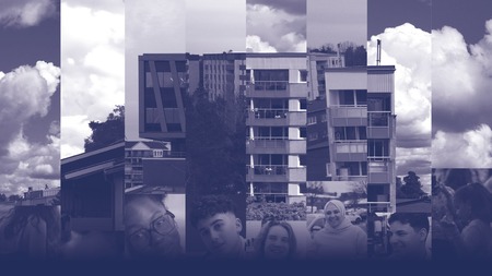 Kollage av byggnader, moln och suddiga människor i blåtonad färg.