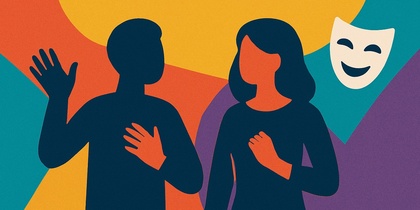 Illustration av två personer utan ansikten, en teatermask och texten 'Workshop i skådespeleri' på färgglad bakgrund.