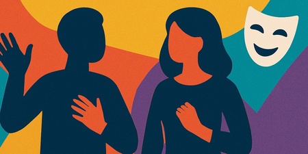 Illustration av två personer utan ansikten, en teatermask och texten 'Workshop i skådespeleri' på färgglad bakgrund.