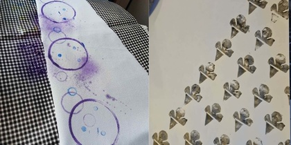 Två konstprojekt: vänster visar lila cirklar på vitt tyg, höger svarta mönster på vitt papper.