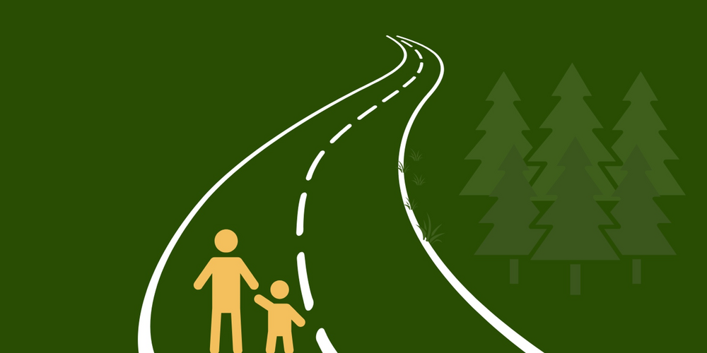 Illustration med texten 'ByTräff Lokal beredskap', en väg, två personer och granar på grön bakgrund.