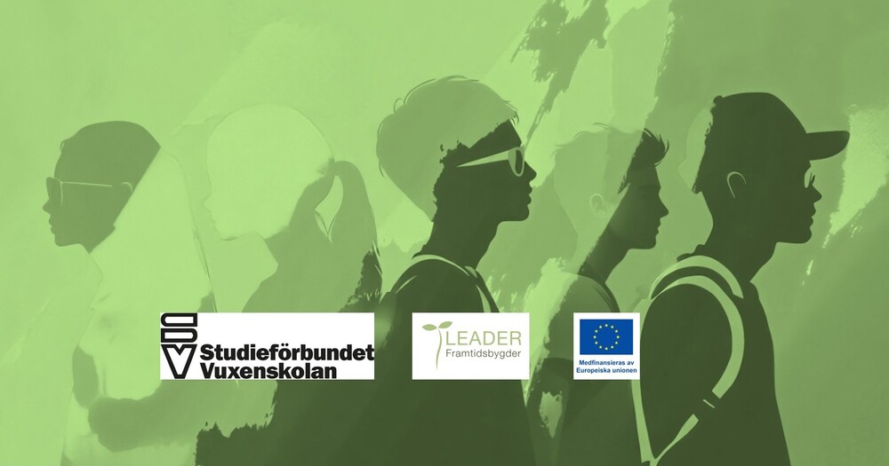 Illustration av silhuetter av unga personer mot grön bakgrund med logotyper för Studieförbundet Vuxenskolan, Leader och EU.