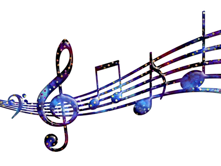 Färgglada noter och en klav på en notrad mot vit bakgrund, med galaxmönster.