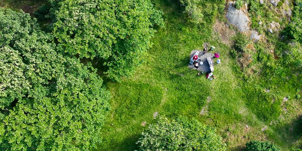 Flygbild över en grönskande glänta med några personer som sitter på en filt mitt i naturen.