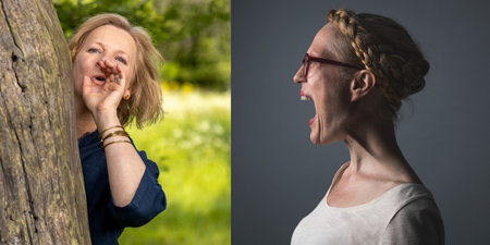 Två kvinnor, en står utomhus vid ett träd och en annan i studio med flätat hår.