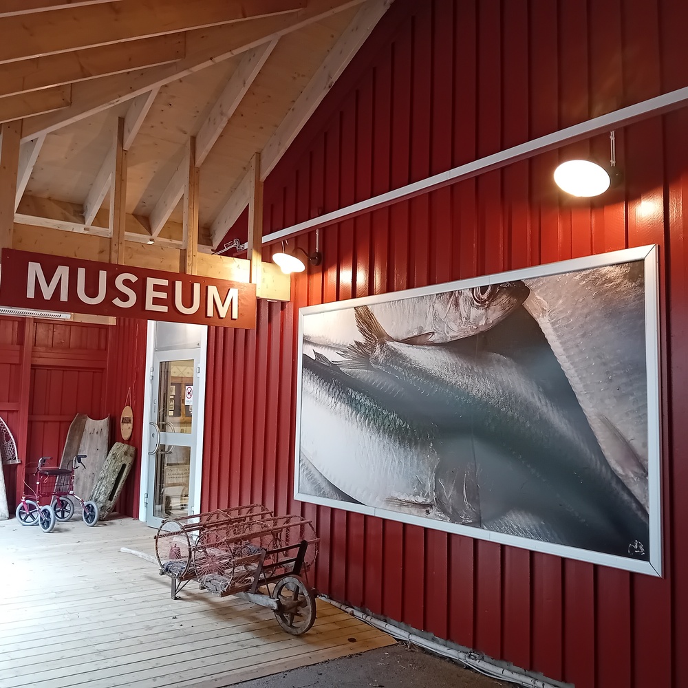 Ingången till ett museum med röd träfasad, en stor fiskmålning och gamla föremål på golvet.