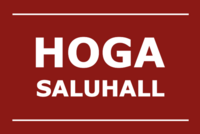 Vit text 'HOGA SALUHALL' på röd bakgrund med tunna vita linjer ovan och under texten.