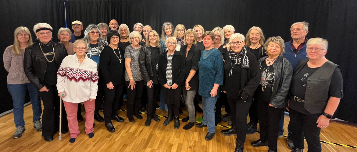 En grupp vuxna står tillsammans inomhus på ett trägolv framför ett svart draperi.