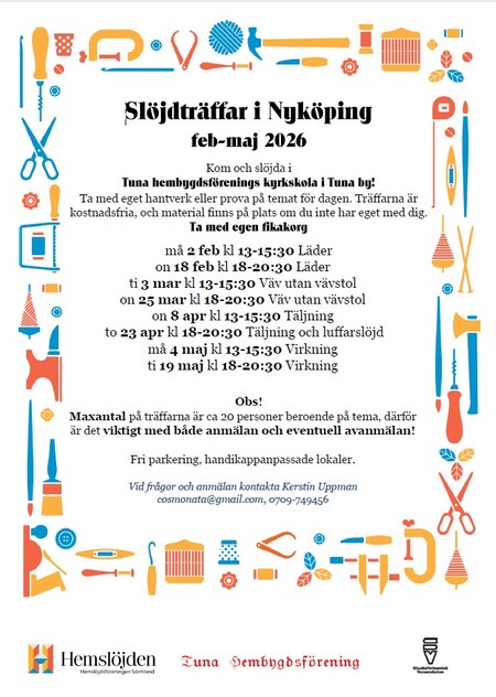 Affisch för slöjdträffar i Nyköping våren 2026 med datum, tider och teman, dekorerad med färgglada slöjdverktyg.